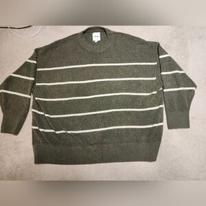 Aerie Women's Olive Green and Cream Striped Crewneck Sweater Soft Oversized XXL